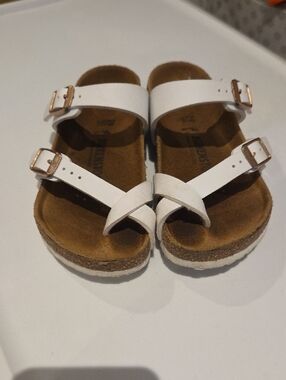 Birkenstock White Two-Strap Toe-Loop Sandals with Rose-Gold Buckles